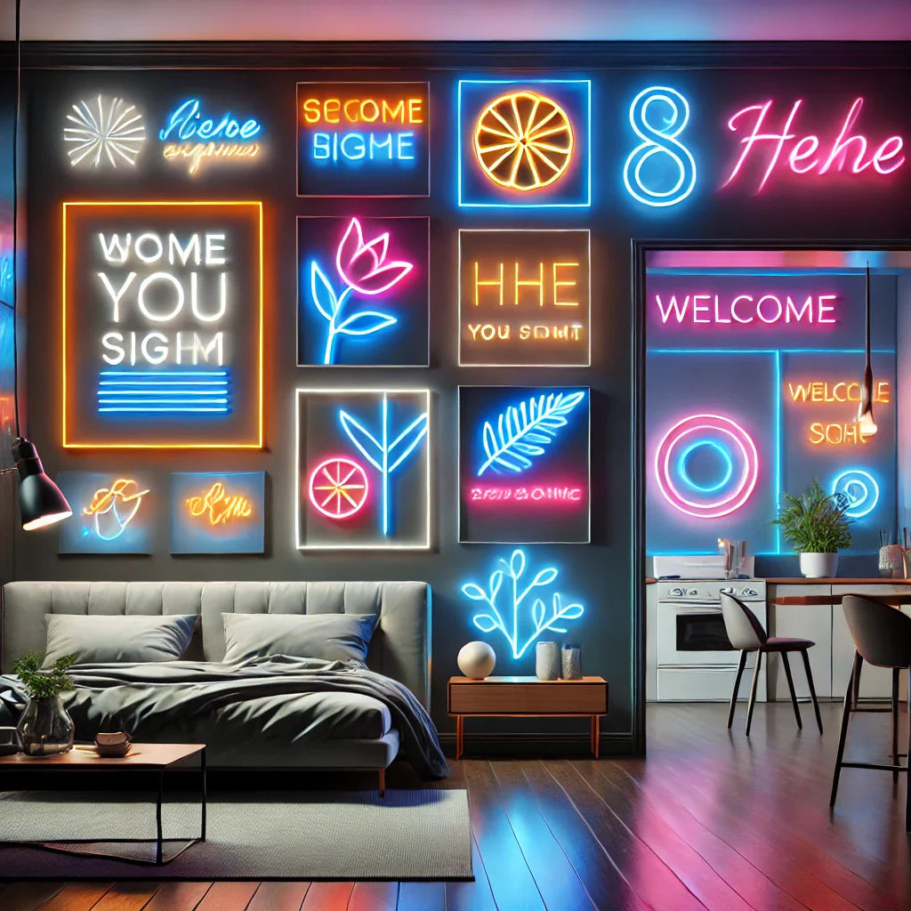 Image showing a well-lit room with neon signs strategically placed to brighten the space, emphasizing the impact of neon sign placement in home decor.