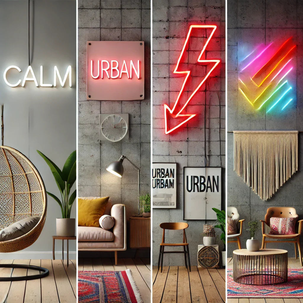 Image showing a variety of neon signs, ranging from minimalist to maximalist designs, highlighting different styles to match personal decor preferences.