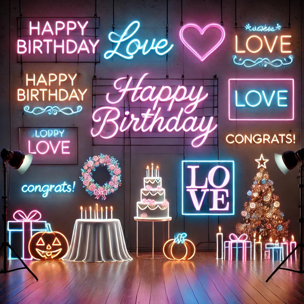 Image showing various neon signs designed for different occasions, highlighting how they can be used to enhance celebrations.