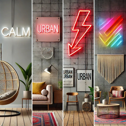 Image showing a variety of neon signs, ranging from minimalist to maximalist designs, highlighting different styles to match personal decor preferences.